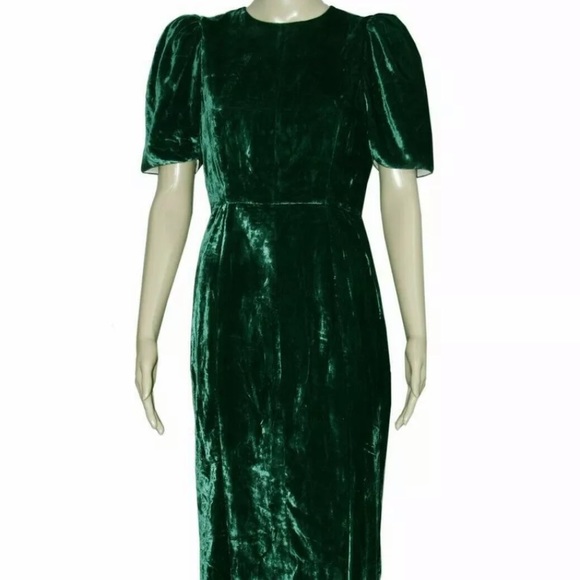 Pia Tjelta Velvet Green Midi Dress with Puff Sleeves - Picture 2 of 3